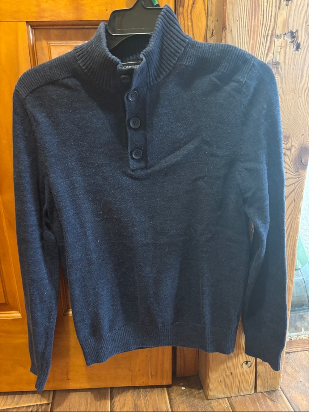 Express Men's Navy V-Neck Button Mock Sweater
